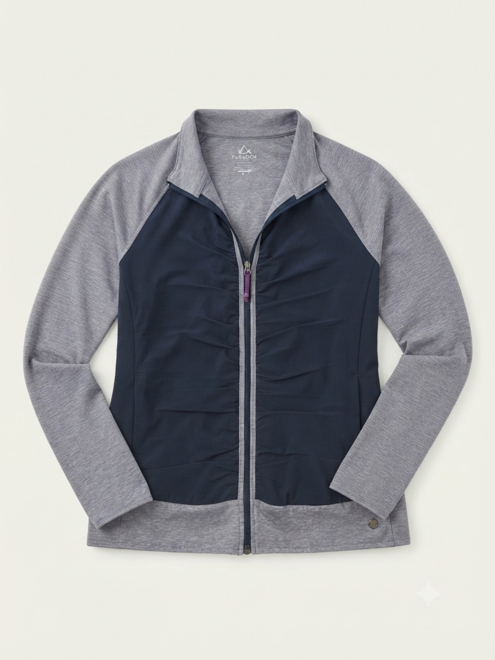 Paradox grey and navy full zip athletic jacket with purple zipper pull